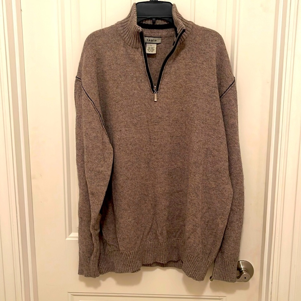 Tagio‎ Mens Wool Blend 1/4 Zip Sweater Men’s Size Large, Gray, blue accents